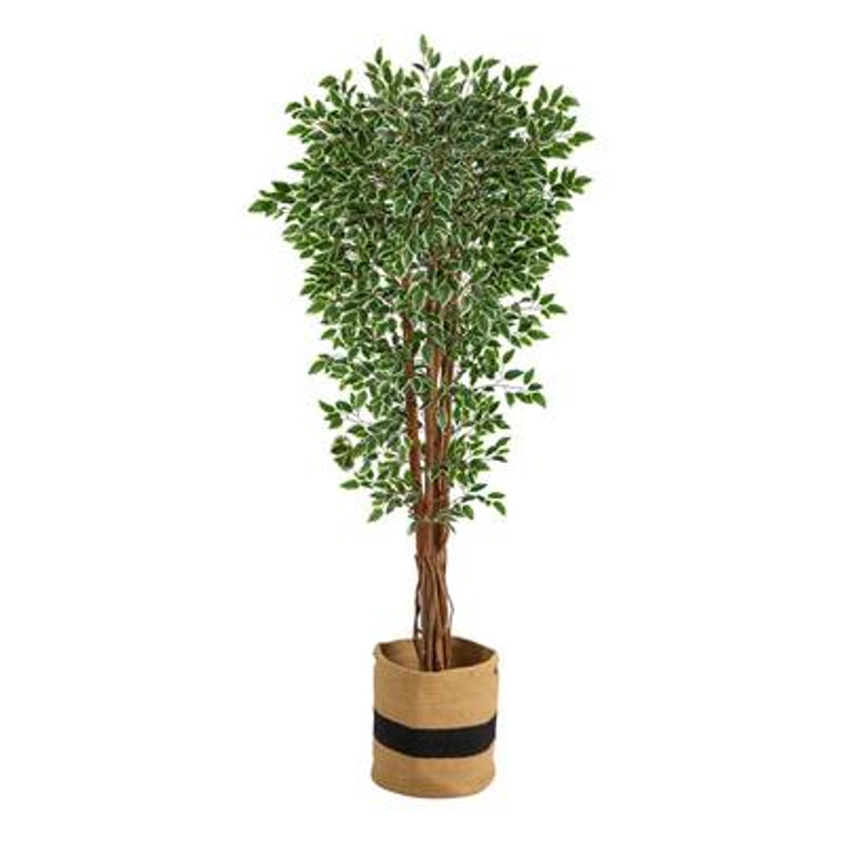 Nearly Natural 70" Variegated Ficus Artificial Tree In Handmade Natural Cotton Planter Uv Resistant (Indoor/Outdoor) T2973