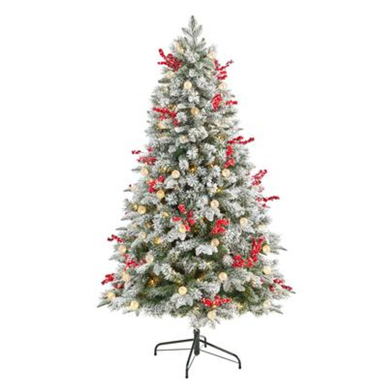 Nearly Natural 6' Snow Tipped Norwegian Fir Pre-Lit Artificial Christmas Tree With 200 Led Lights, 50 Led Globe Lights, Berries & 906 Bendable Branches T3033