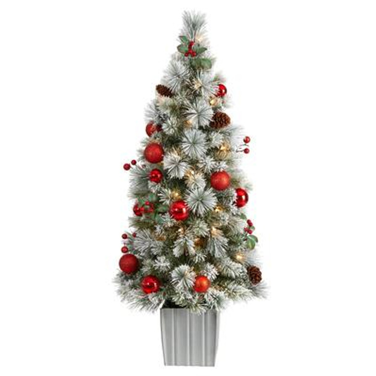 Nearly Natural 4' Winter Flocked Artificial Christmas Tree Pre-Lit With 50 Led Lights & Ornaments In Decorative Planter T3036