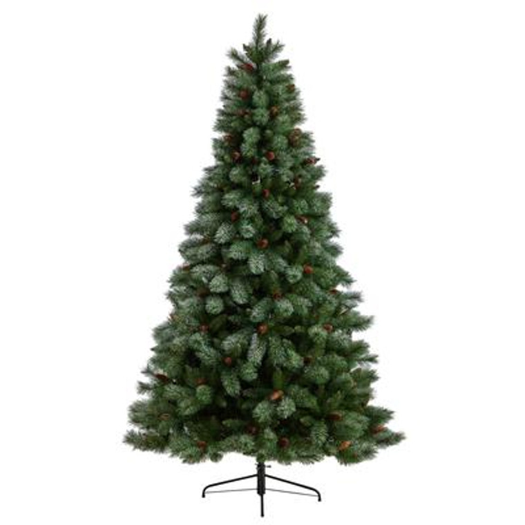 Nearly Natural 8' Snowed French Alps Mountain Pine Artificial Christmas Tree With 1159 Bendable Branches & Pine Cones T3046