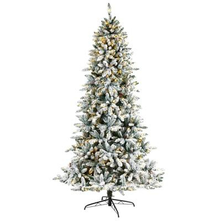 Nearly Natural 8' Flocked Livingston Fir Artificial Christmas Tree With Pine Cones And 500 Clear Warm Led Lights T3048