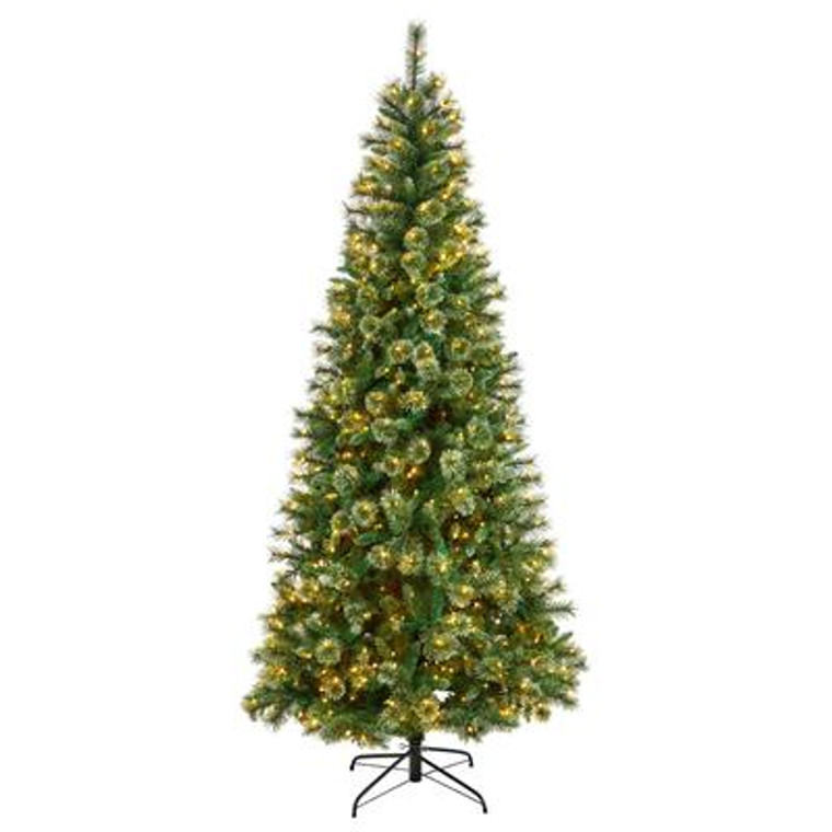 Nearly Natural 8' Wisconsin Slim Snow Tip Pine Artificial Christmas Tree With 600 Clear Led Lights & 908 Bendable Branches T3050