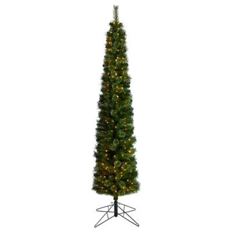 Nearly Natural 8' Green Pencil Artificial Christmas Tree With 200 Clear (Multifunction) Led Lights & 402 Bendable Branches T3255