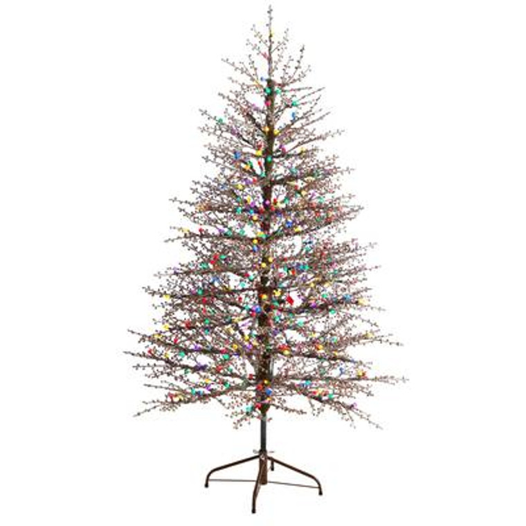 Nearly Natural 6' Frosted Berry Twig Artificial Christmas Tree With 350 Multicolored Gum Ball Led Lights & 808 Bendable Branches T3257
