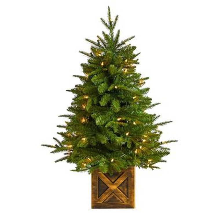Nearly Natural 3' Finl& Fir Artificial Christmas Tree In Decorative Planter With 272 Bendable Branches & 50 Warm White Lights T3266