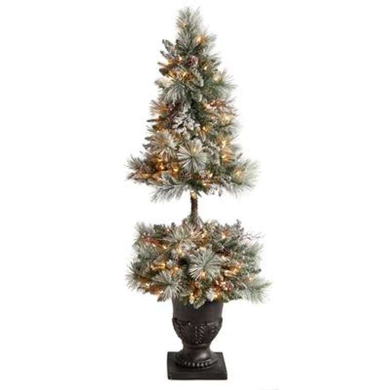 Nearly Natural 5' Flocked Artificial Porch Christmas Tree With 100 Led Lights & 186 Bendable Branches In Decorative Urn T3270