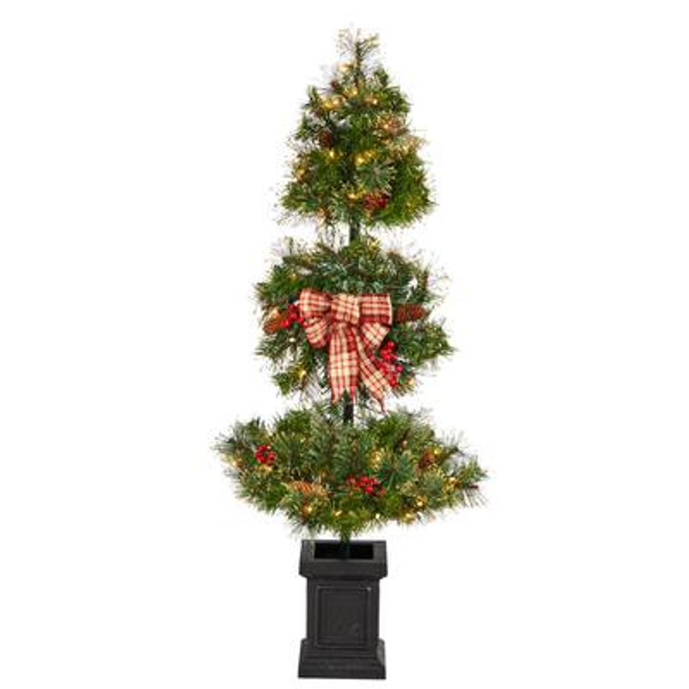 Nearly Natural 4' Christmas Artificial Topiary Tree With Decorative Ribbon, Berries, 70 Clear Led Lights & 109 Bendable Branches In Planter T3285