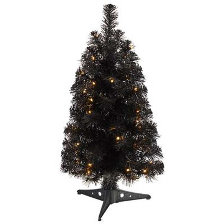 Nearly Natural 2' Black Artificial Christmas Tree With 35 Led Lights And 72 Bendable Branches T3301