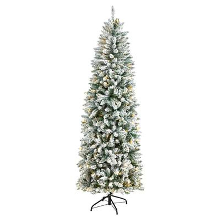 Nearly Natural 7' Slim Flocked Montreal Fir Artificial Christmas Tree With 300 Warm White Led Lights & 995 Bendable Branches T3311