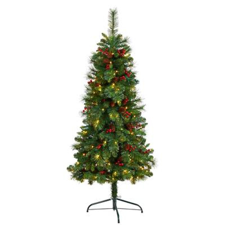 Nearly Natural 5' Flat Back Montreal Mountain Pine Artificial Christmas Tree With Pinecones, Berries & 110 Warm White Led Lights & 223 Bendable Branches T3317