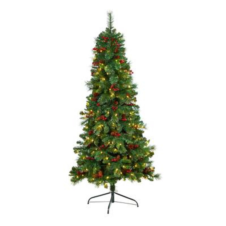 Nearly Natural 6' Flat Back Montreal Mountain Pine Artificial Christmas Tree With Pinecones, Berries & 150 Warm White Led Lights & 359 Bendable Branches T3318