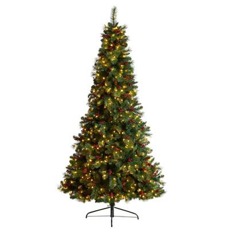 Nearly Natural 8' Flat Back Montreal Mountain Pine Artificial Christmas Tree With Pinecones, Berries & 300 Warm White Led Lights T3320