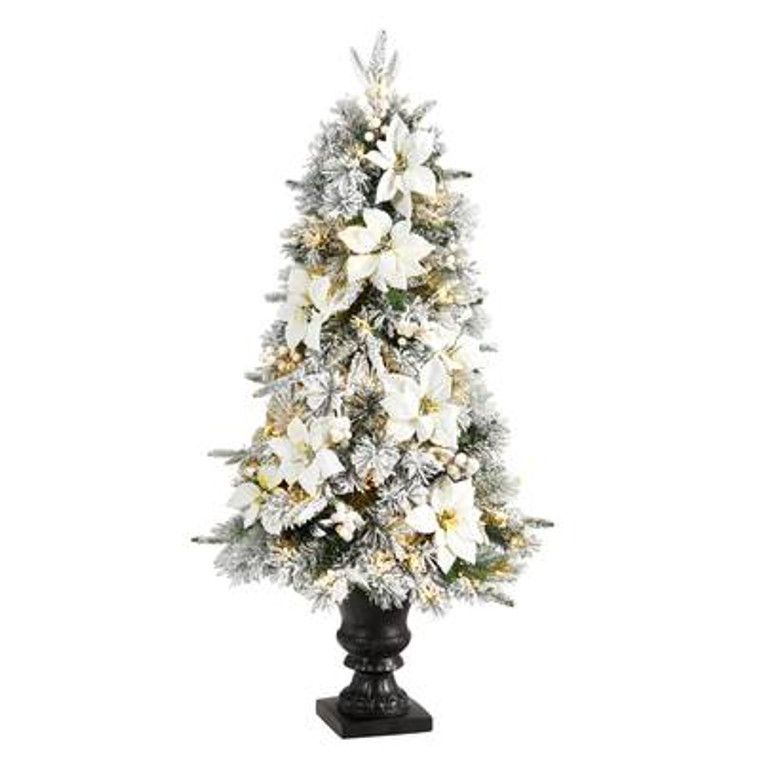 Nearly Natural 4' Flocked Artificial Christmas Tree With 223 Bendable Branches & 100 Warm Lights In Decorative Urn T3323