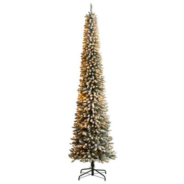 Nearly Natural 10' Flocked Pencil Artificial Christmas Tree With 700 Clear Lights And 1145 Bendable Branches T3331