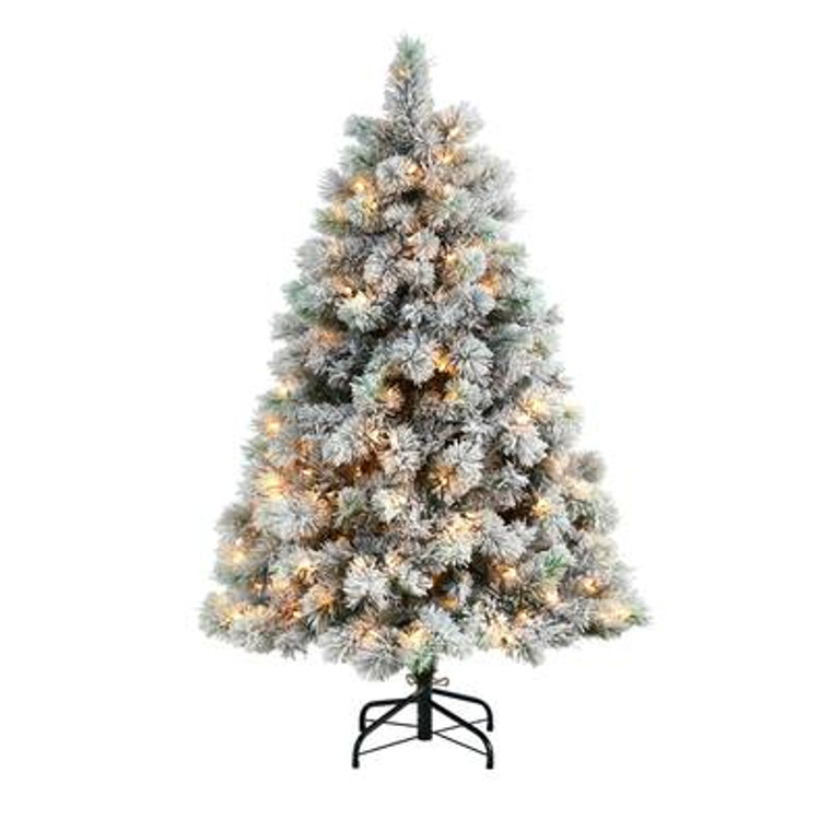 Nearly Natural 5' Flocked Oregon Pine Artificial Christmas Tree With 200 Clear Lights And 347 Bendable Branches T3355