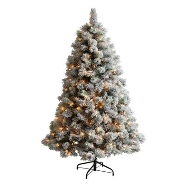 Nearly Natural 6' Flocked Oregon Pine Artificial Christmas Tree With 300 Clear Lights And 551 Bendable Branches T3356