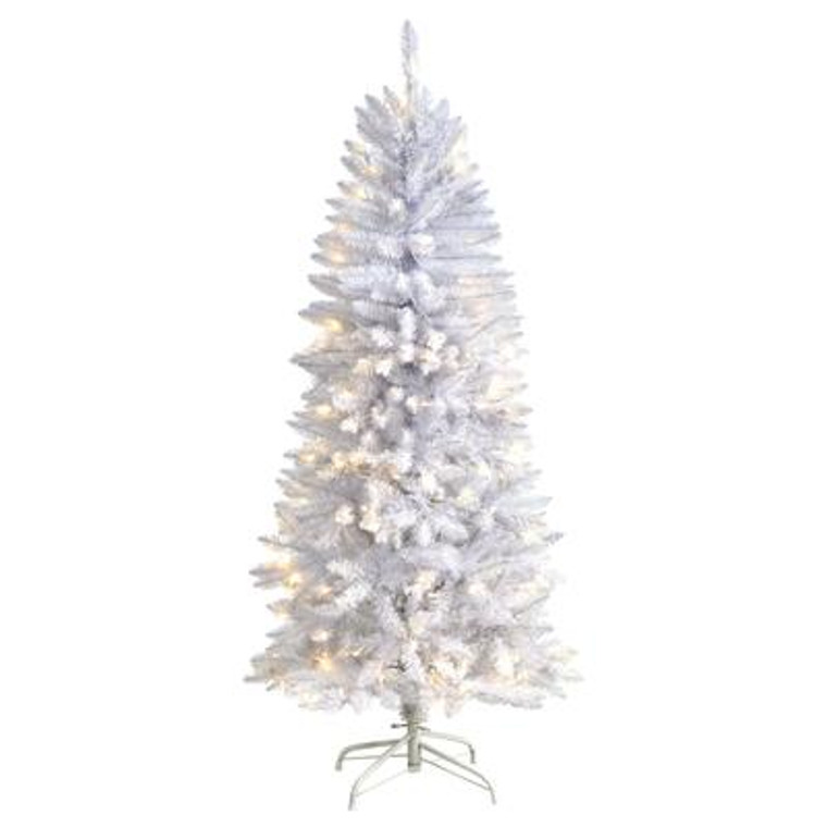 Nearly Natural 5' Slim White Artificial Christmas Tree With 150 Warm White Led Lights And 491 Bendable Branches T3359
