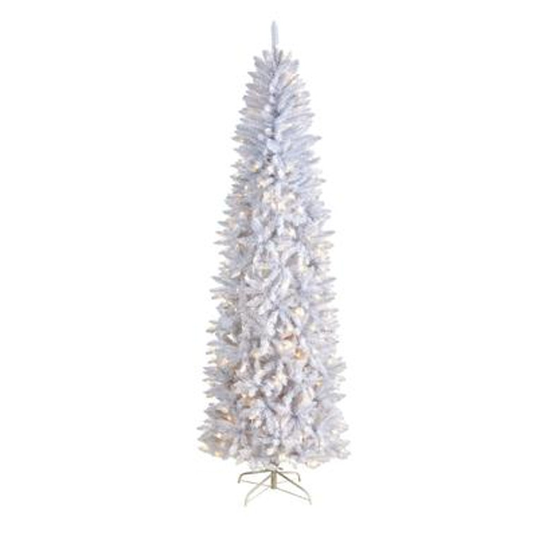 Nearly Natural 8' Slim White Artificial Christmas Tree With 400 Warm White Led Lights And 1348 Bendable Branches T3362