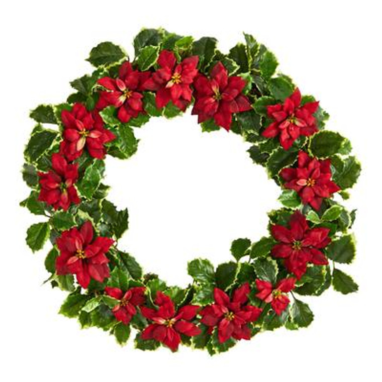 Nearly Natural 21" Poinsettia And Variegated Holly Artificial Christmas Wreath W1042-RD