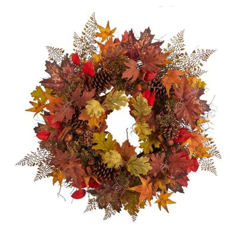 Nearly Natural 30" Autumn Maple Leaves, Acorn, Pinecones And Cinnamon Sticks Artificial Fall Wreath W1185