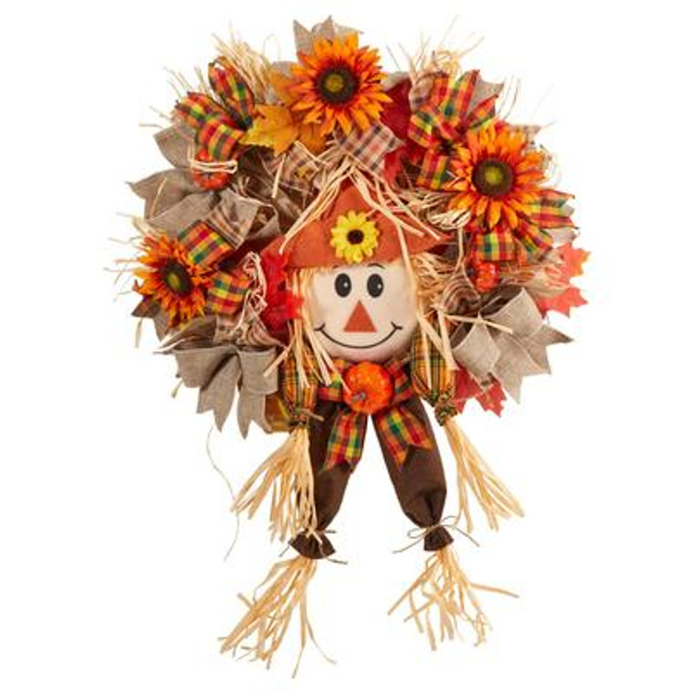 Nearly Natural 30" Scarecrow Fall Artificial Autumn Wreath With Sunflower, Pumpkin And Decorative Bows W1192