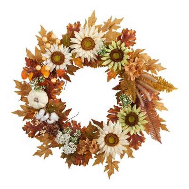 Nearly Natural 30" Autumn Sunflower, White Pumpkin And Berries Artificial Fall Wreath W1193