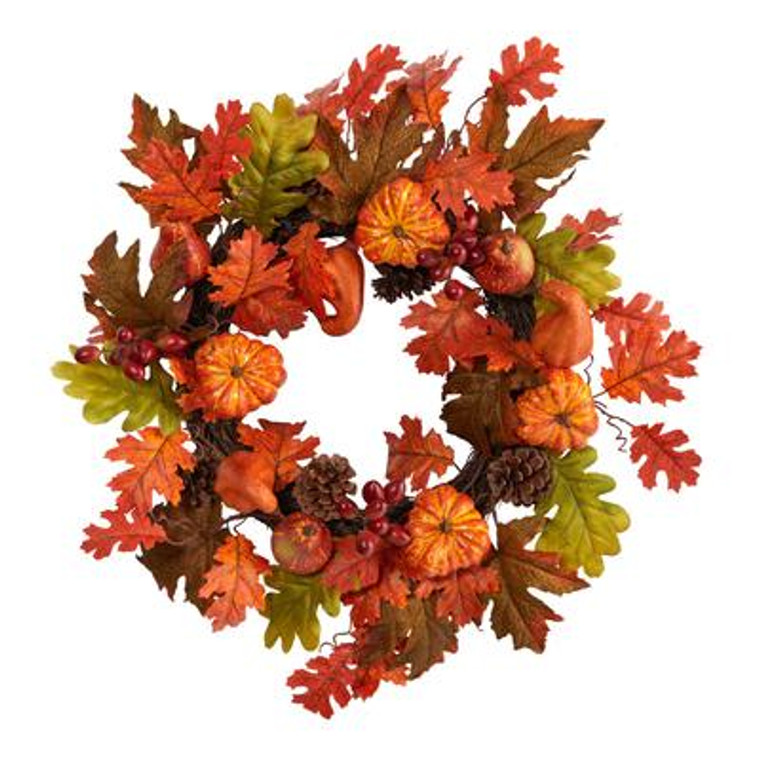 Nearly Natural 20" Autumn Assorted Maple Leaf, Pumpkin Gourd, Pinecone And Berry Artificial Fall Wreath W1221