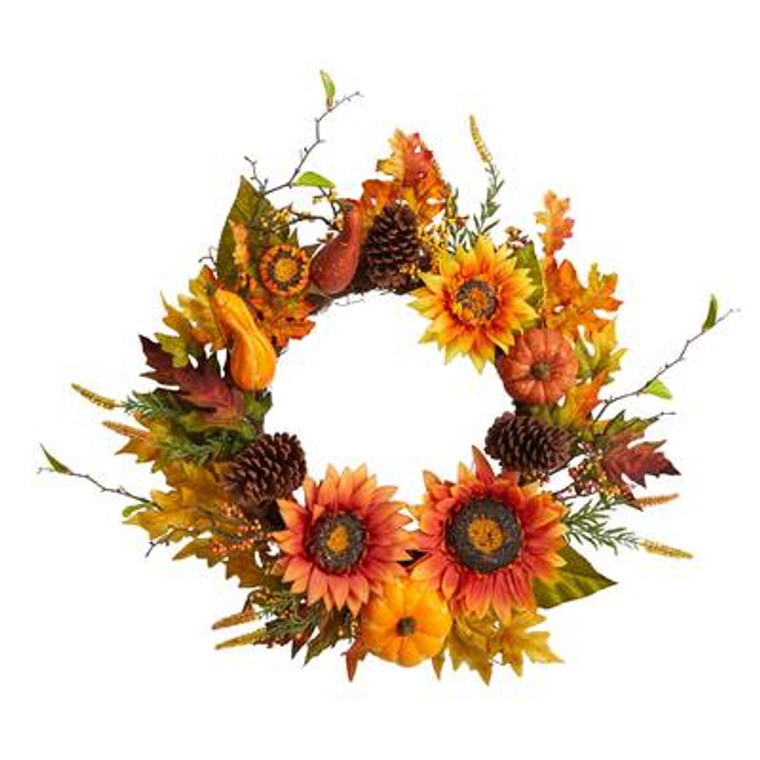 Nearly Natural 24" Fall Sunflower, Pumpkin, Gourds, Pinecone And Berries Autumn Artificial Wreath W1235