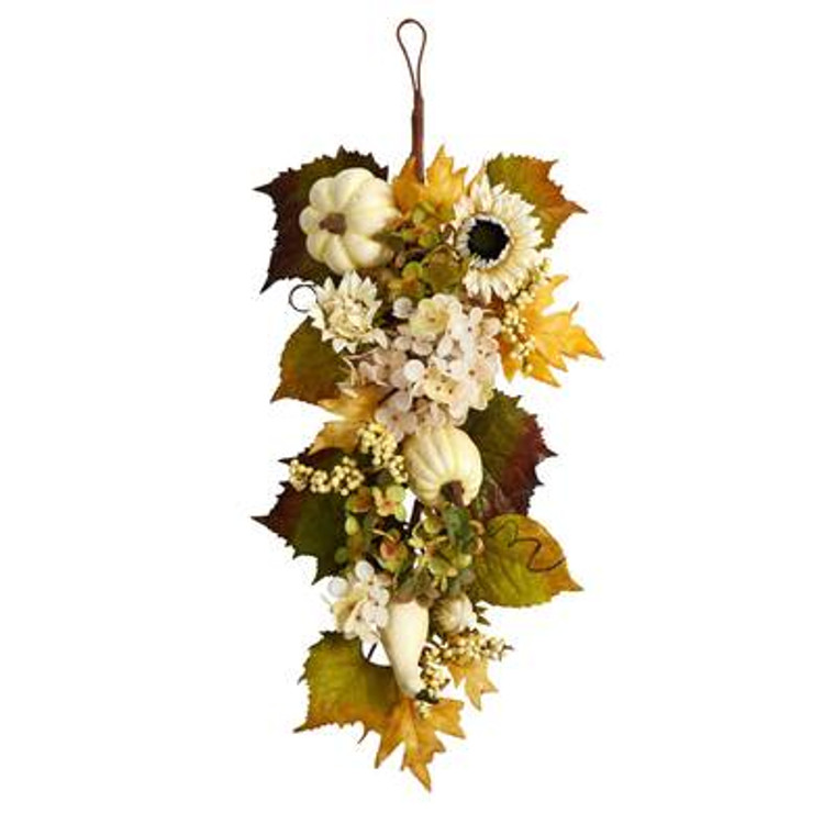 Nearly Natural 33" Fall Sunflower, Hydrangea And White Pumpkin Artificial Autumn Teardrop W1241