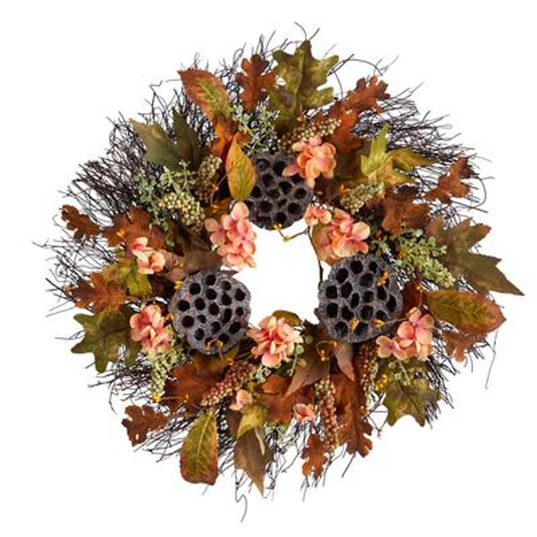 Nearly Natural 22" Autumn Hydrangea, Dried Lotus Pod Artificial Fall Wreath W1249