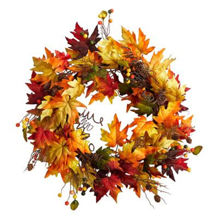 Nearly Natural 24" Autumn Maple Leaf And Berries Artificial Fall Wreath With Twig Base W1258