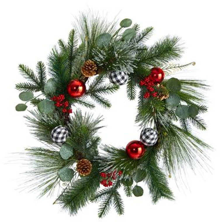 Nearly Natural 24" Berry And Pinecone Artificial Christmas Wreath With Ornaments W1270