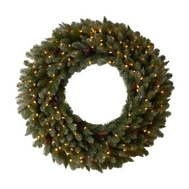 Nearly Natural 4' Large Flocked Artificial Christmas Wreath With Pinecones, 150 Clear Led Lights & 330 Bendable Branches W1283