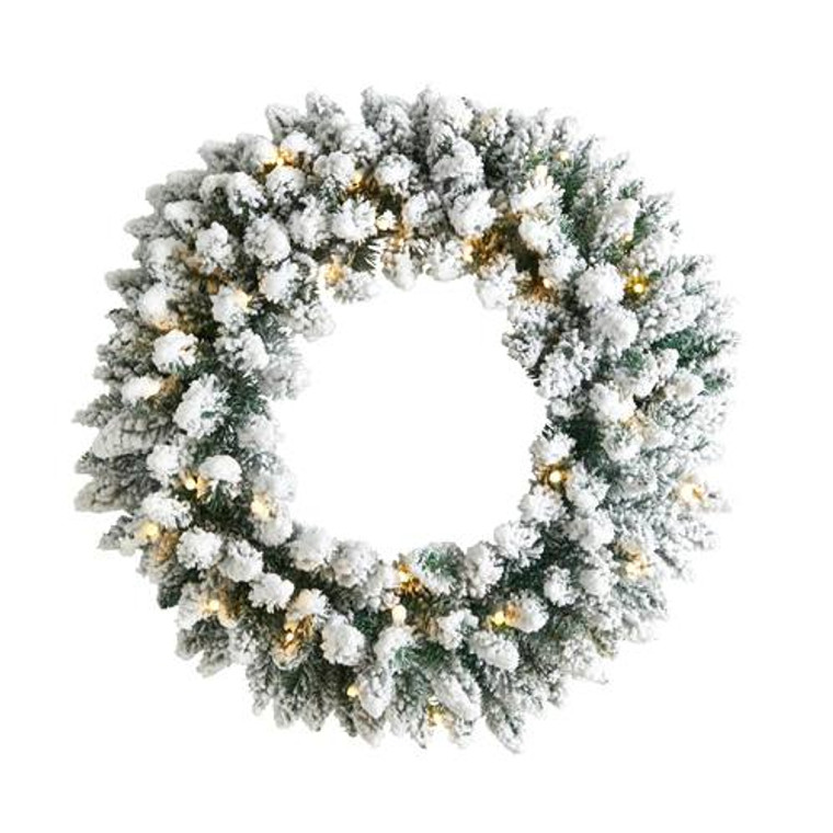 Nearly Natural 24" Flocked Artificial Christmas Wreath With 160 Bendable Branches And 35 Warm White Led Lights W1306