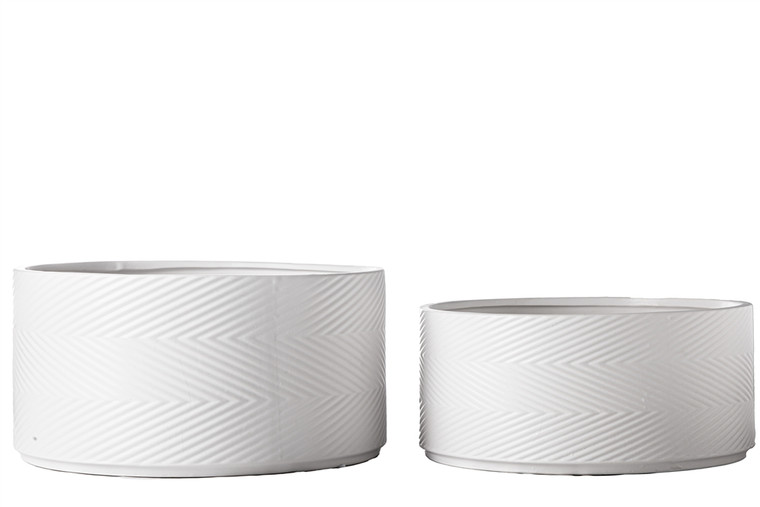 Urban Trends Ceramic Round Wide Pot With Embossed Zig-Zig Column Pattern Design Body (Set Of 2) Matte Finish White 11020