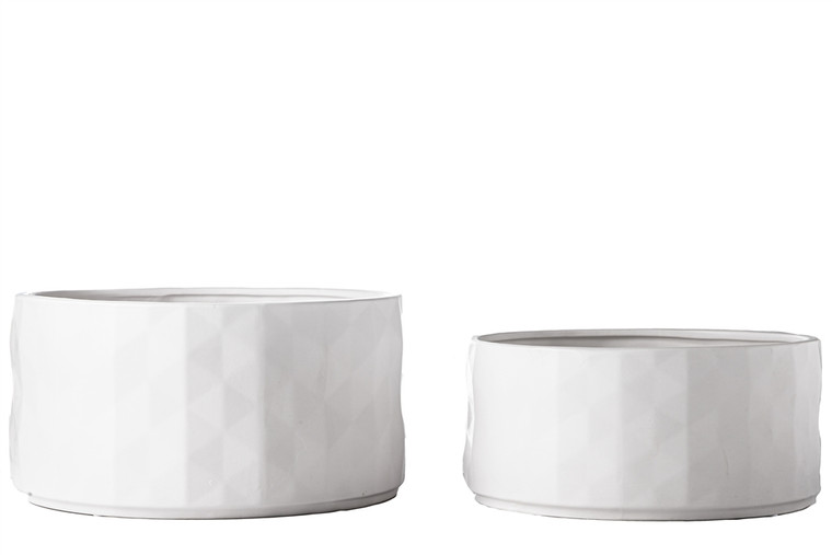 Urban Trends Ceramic Round Wide Pot With Embossed Chequered Pattern Design Body (Set Of 2) Matte Finish White 11023