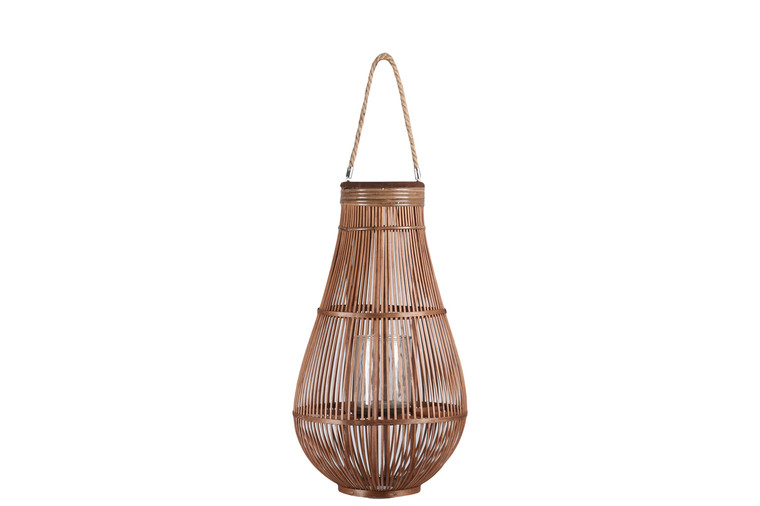 Urban Trends Bamboo Round Bellied Lantern With Wooven Banded Top, Jute Rope Removable Handle, Lattice Design Body And Glass Candle Holder Xl Natural Finish Mahogany Brown (Pack Of 2) 16320