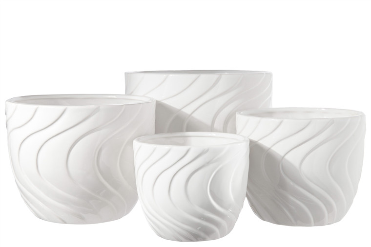 Urban Trends Ceramic Round Pot With Embossed Layered Wave Design Body Tapered Bottom (Set Of 4) Gloss Finish White 36304