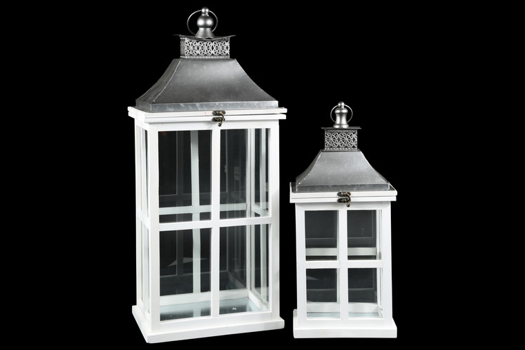 Urban Trends Wood Rectangle Lantern With Silver Metal Top, Ring Hanger, Glass Covered Sides And Window Pane Design Body (Set Of 2) Painted Finish White 41096