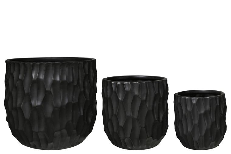 Urban Trends Ceramic Round Pot With Scooped Design Body (Set Of 3) Matte Finish Black 45947