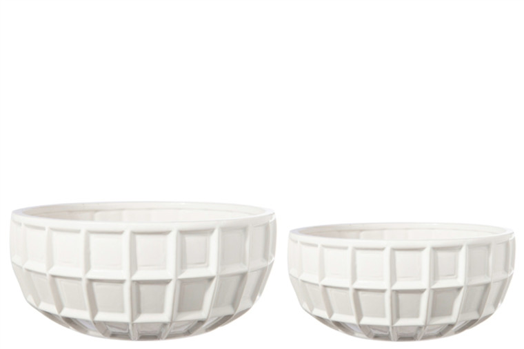 Urban Trends Ceramic Round Bowl With Embossed Lattice Pattern Design Body (Set Of 2) Gloss Finish White 50097