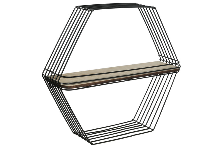 Urban Trends Metal Hexagon Wall Shelf With Single Wood Surface Tier And Metal Back Hangers Painted Finish Black (Pack Of 4) 52169