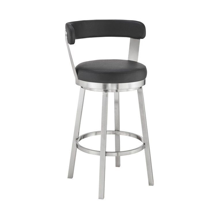 Kobe 30" Bar Height Swivel Bar Stool In Brushed Stainless Steel Finish And Black Faux Leather 721535761791 By Armen Living