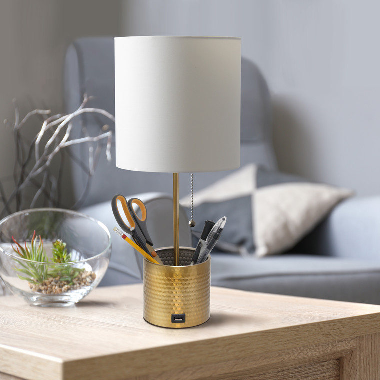 Simple Designs Hammered Metal Organizer Table Lamp With Usb Charging Port And Fabric Shade, Gold LT1085-GLD