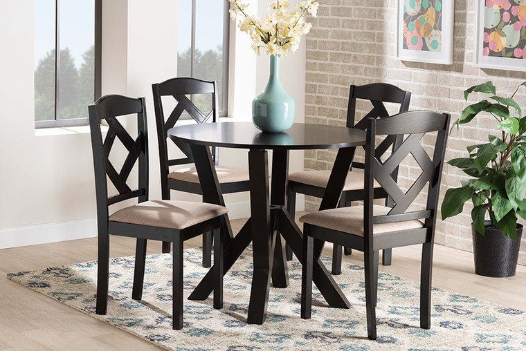 Baxton Studio Riona Sand Fabric Upholstered And Dark Brown Finished Wood 5-Piece Dining Set Riona-Sand/Dark Brown-5PC Dining Set