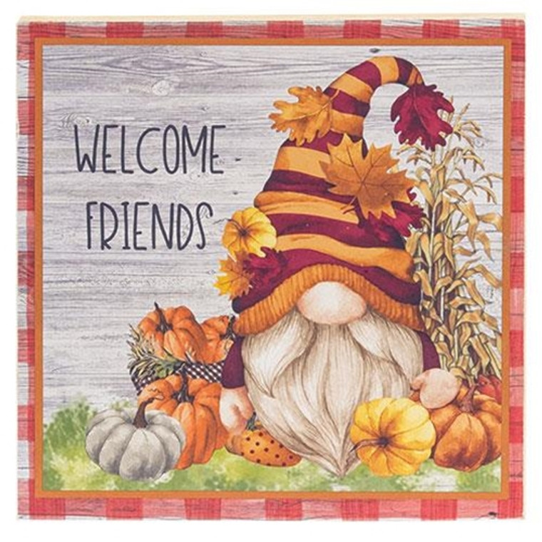 Welcome Friends Pumpkin Gnome Square Wooden Block G088FA02 By CWI Gifts