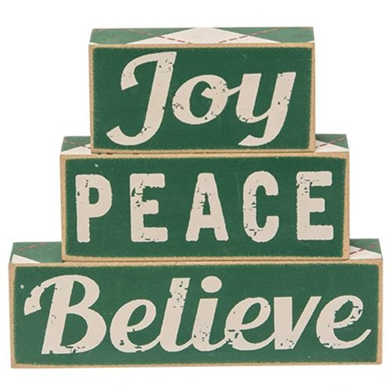 3/Set Plaid Joy Believe Peace Wooden Blocks G35722 By CWI Gifts