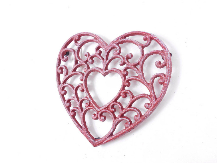 Rustic Red Whitewashed Cast Iron Decorative Heart Kitchen Trivet 8" k-0215-ww-red By Wholesale Model Ships
