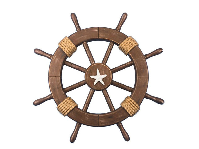 Rustic Wood Finish Decorative Ship Wheel With Starfish 18" Rustic-Wood-SW-Starfish-18 By Wholesale Model Ships