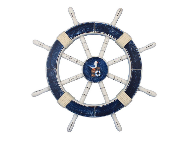 Rustic Dark Blue Decorative Ship Wheel With Seagull And Lifering 18" Rustic-Dark-Blue-SW-Seagull-and-Lifering-18 By Wholesale Model Ships